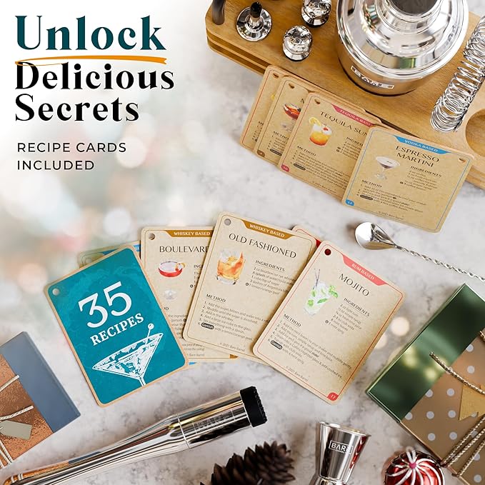 BARE BARREL® Mixology Bartender Kit Bar Set | 14-Piece Cocktail Shaker Set | Martini Barware Mixing Tools for Home Bartending | 35 Recipe Cards | Gift Set (24oz Cobbler Shaker, Silver/Natural)