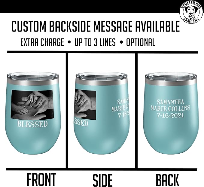 Personalized Mothers Day 12oz Photo Printed Insulated Stainless Steel Powder Coated Stemless Wine Tumbler with Lid, Customized Mum Gift Idea for Her, Custom Mom Coach Gifts Team Mom Dad (Teal)