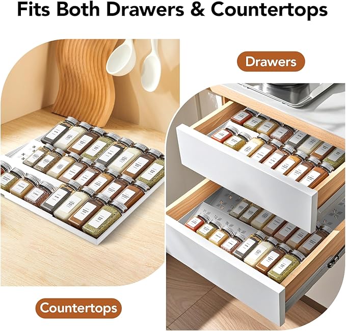 Spice Drawer Organizer 3-Tier Expandable (11"-22" Wide), Spice Rack for Cabinet with Funnel & Spice Labels, Fits Large Jars, Seasoning Storage Insert Design for Cabinet & Drawer (White)