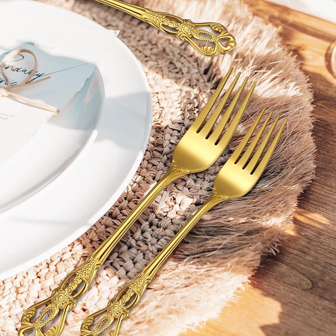 Retro Silverware Gold Set for 4 Stainless Steel Flatware Royal 20 Piece Cutlery Sets Knives Spoons Forks Vintage Hollow Relief Design Durable Festival Parties Daily Kitchen Utensils