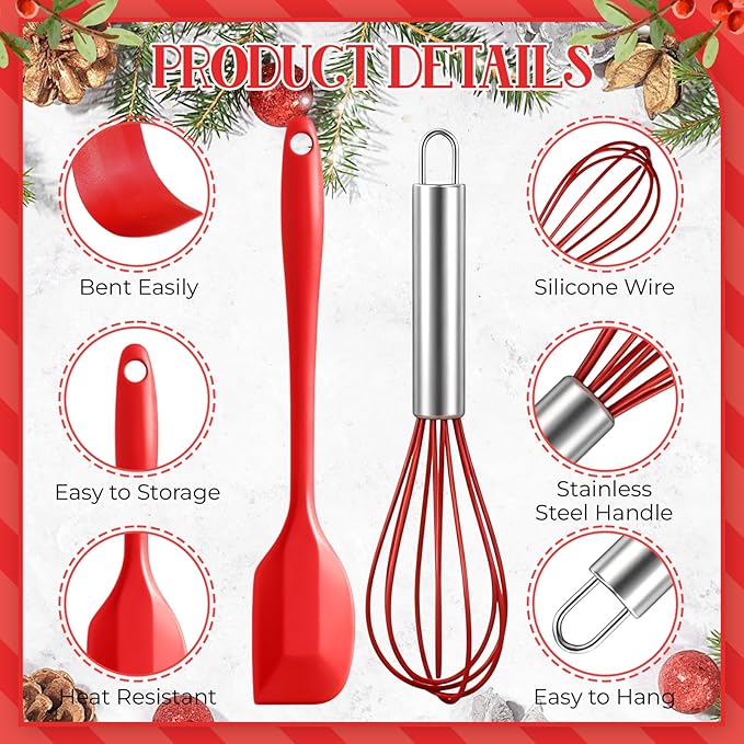30 Pcs Christmas Baking Tool Gifts Sets Include 8 Inch Silicone Whisk Spatula and Xmas Greeting Cards Ribbon Wired Stainless Steel Whisk Set for Women Men Christmas Stuffers Gift