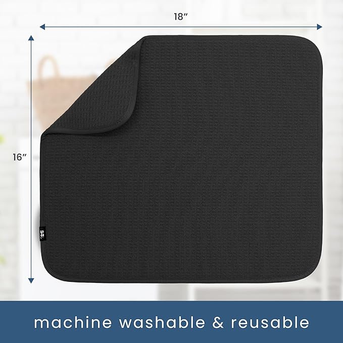 S&T INC. Dish Drying Mat, 16” x 18”, Absorbent Microfiber Kitchen Counter Mat, Dish Drying Pad for Dishes, Utensils, Pots and Pans, Large, Black
