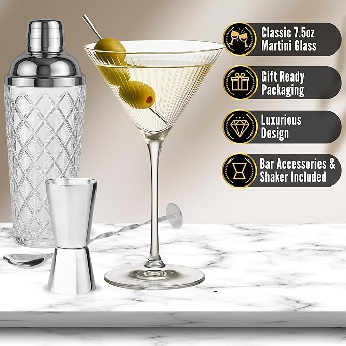 VEMACITY - Silver Luxury Home Mixology Cocktail Shaker Set with Silver Accessories + 2 Ribbed Espresso Martini Glasses - Glass Shaker with Built-In Strainer | Ideal for Christmas & New Years