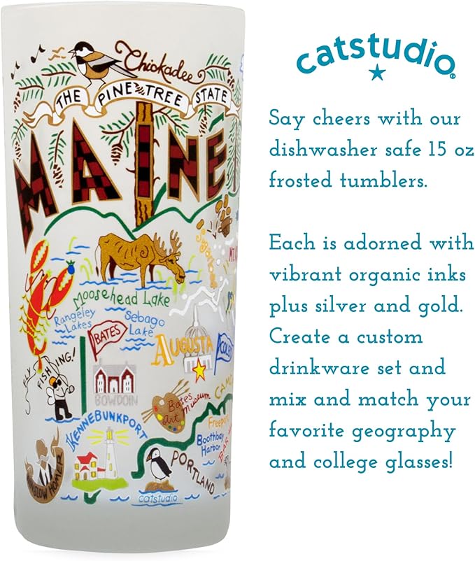 Catstudio Drinking Glass, Maine Frosted Glass Cup for Kitchen, Drinking Glasses, 15oz Dishwasher Safe Tumbler for Maine Lovers