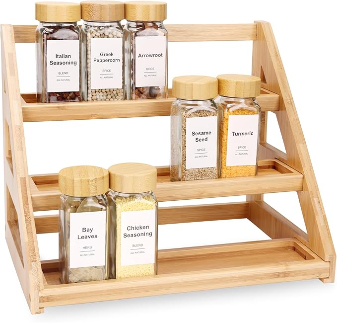 Spice rack,3-Tier Bamboo Spice Rack Organizer for Kitchen, Countertops & Pantries - Space-Saving Tiered Spice Rack