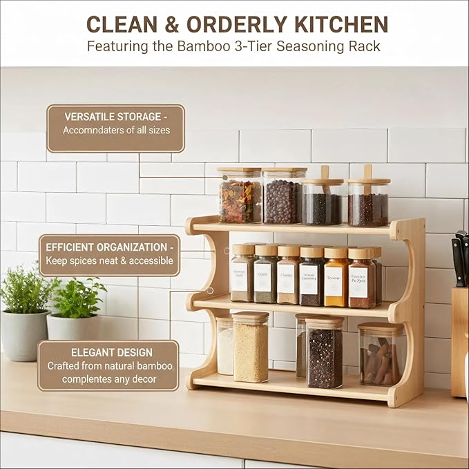 Spice Rack,3 Tier bamboo storage rack, Great for Kitchen, Countertop，countertop coffee station，Storeroom or Office,Space-Saving coffee bar accessories