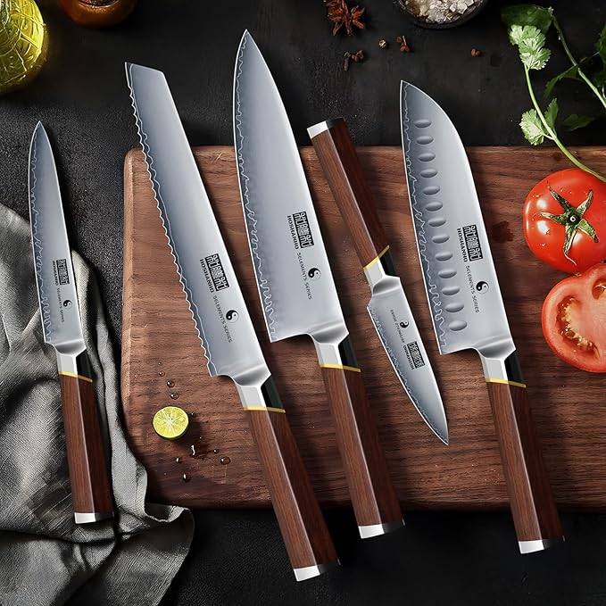 HOSHANHO 8 Pieces Knife Set with Magnetic Block, Ultra-Sharp High-carbon Steel Kitchen Knife Set, Professional Knife Block Set with Ergonomic Wooden Handle & Sharpener