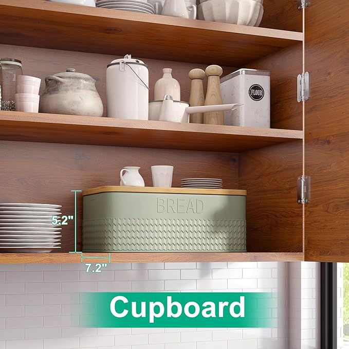 Bread Box for Kitchen Countertop, Large Bread Storage Container with Bamboo Lid, Iron Farmhouse Bread Box for Your House, Green