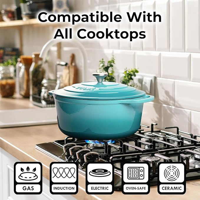 Zulay Kitchen 7.7 Quart Enameled Cast Iron Dutch Oven Pot with Lid – Premium Durability & Oven Safe up to 500°F – Heavy Duty Cookware Perfect for Bread Baking, Stews, Braising & Roasting – Light Blue