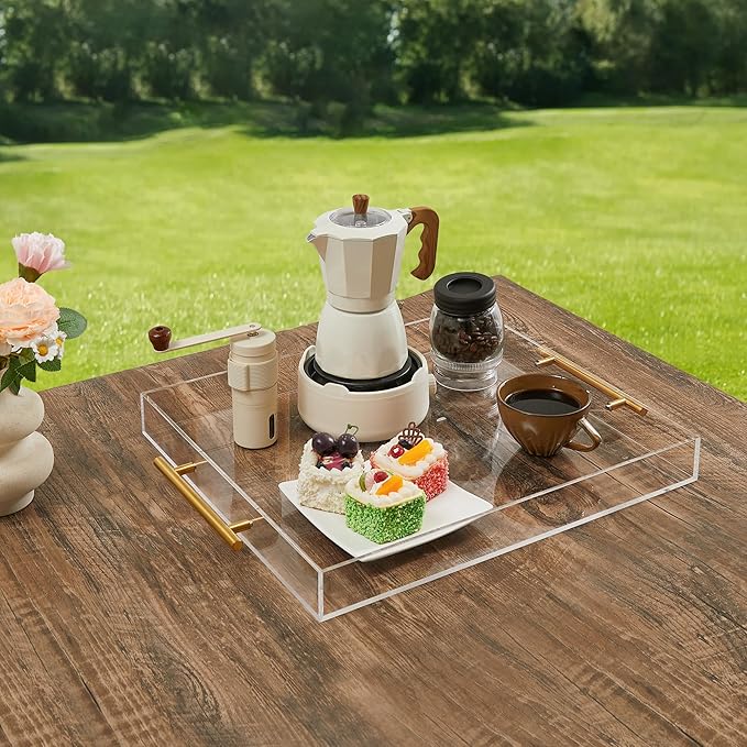 Large Clear Acrylic Serving Tray (16×18 Inches) with Gold Handles Spill Proof Acrylic Decorative Tray Organiser for Ottoman Coffee Table Countertop