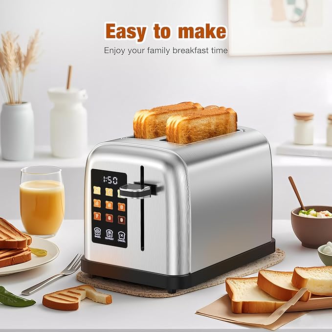 Touch Screen Toaster 2 Slice Stainless Steel Toaster with Digital Countdown Wide Slot LCD Display 2 Slice Toasters Smart Toasters 9 Shade Settings with Defrost/Bagel/Cancel Function