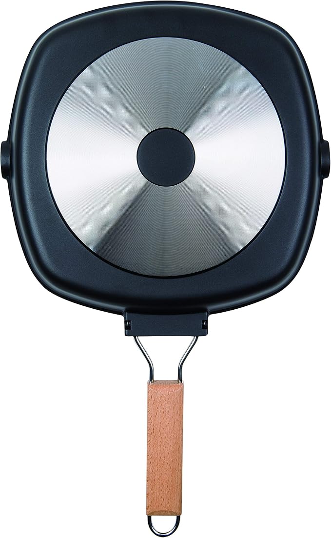 MasterPan Non-Stick Grill Pan with Folding Wooden Handle, 8", Black and Brown