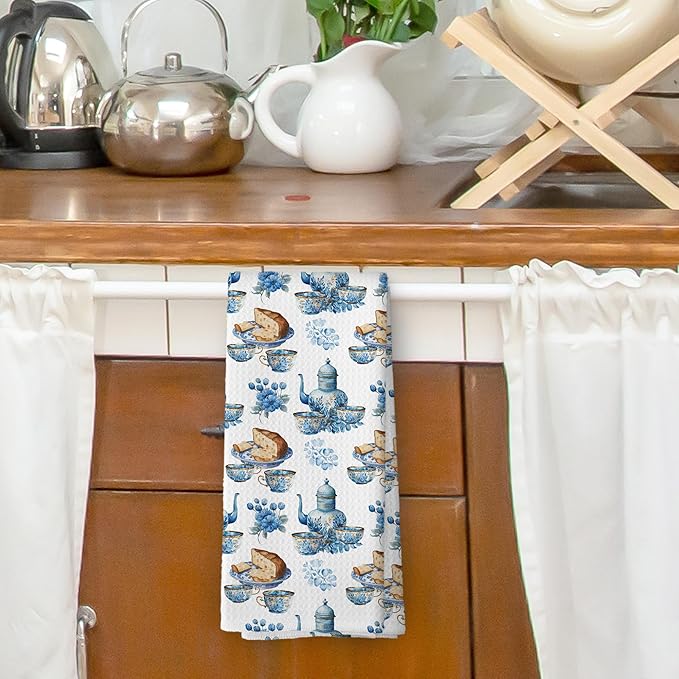 Retro Floral Teacups Kitchen Dish Towels, Vintage French Garden Tea Lover Gifts, Blue and White Flower Kitchen Decor Hand Towels Kitchen Tea Towels Decorations, 16x24inch