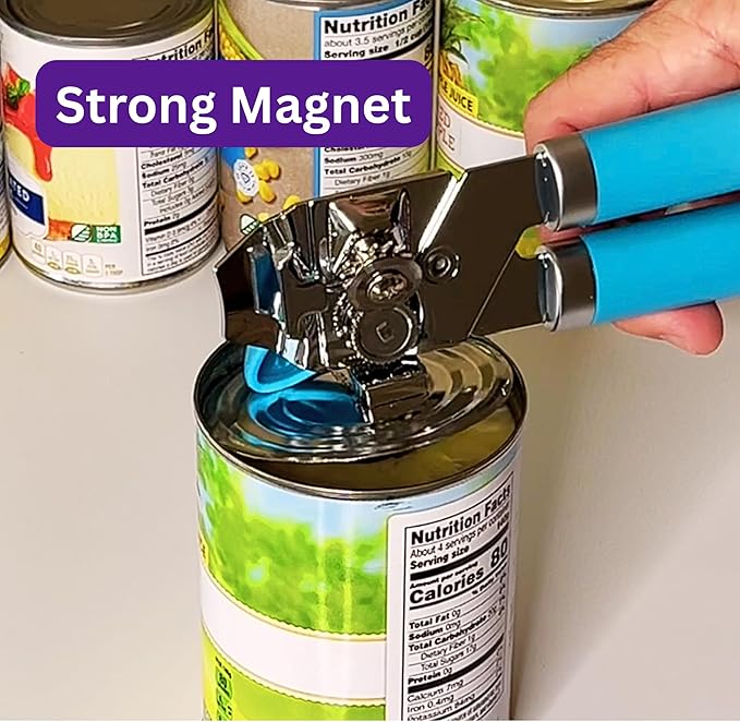 Manual Can Opener for Seniors – Smooth Edge, Easy-Turn Knob, Magnetic Lid Lifter, Heavy-Duty Carbon Steel Blade, Ergonomic Comfort Grip – Blue