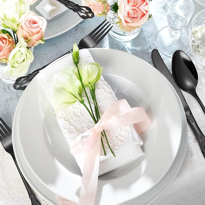 Black Silverware Royal Flatware Set for 4 Stainless Steel Cutlery Retro Antique Kitchen Utenisl with Flower Design Handle for Resturant Home Festival Parties
