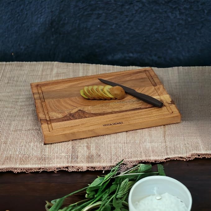 Vesta Homes Wooden Edge Grain Cutting Board/Chopping, Serving Board/Block for Vegetables, Fruits, Cheese and Charcuterie | Natural Acacia Wood | 15 * 10 * 1 Inches | Handcrafted in India