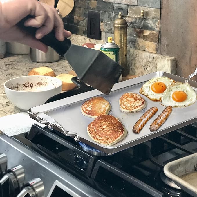 Stainless Steel Double Griddle for Gas or Electric Double Burner Cooktop, 18'' x 11.5'' Non-Stick Stove Top Flat Griddle Grill Pan Skillet for Indoor Medium or Low Heat Dual Burner Stove