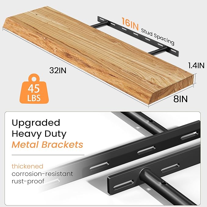 Fun Memories Floating Shelves for Wall Set of 2, Rustic Solid Elm Wood Live Edge Wall Shelves 32 Inch - Invisible Bracket Mount for Living Room, Bathroom, Bedroom, Kitchen, Natural