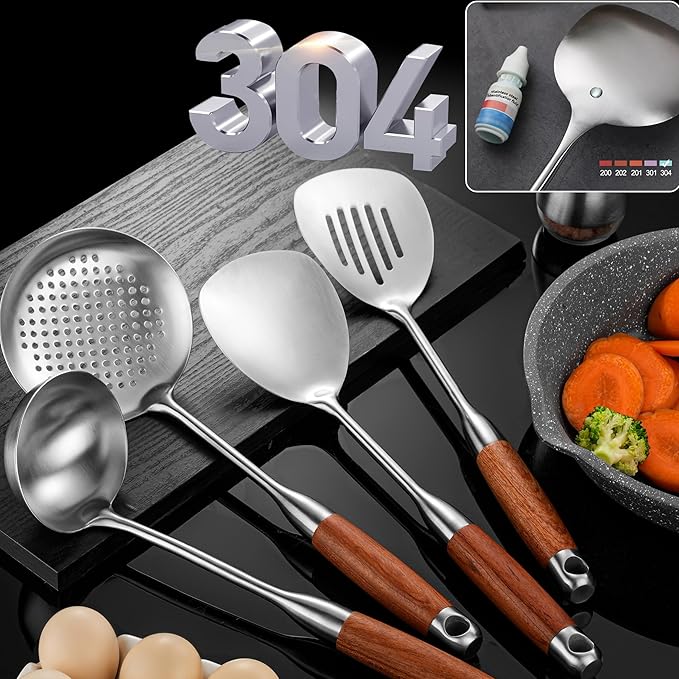 Kitchen Utensils Set Stainless Steel with Wooden Handle,Metal Cooking Utensils Set 12 PCS,Spatulas,Ladle,Skimmer,Tunners,Spaghetti Spoon,Fork,Potato Masher,Egg Whisk,Tongs