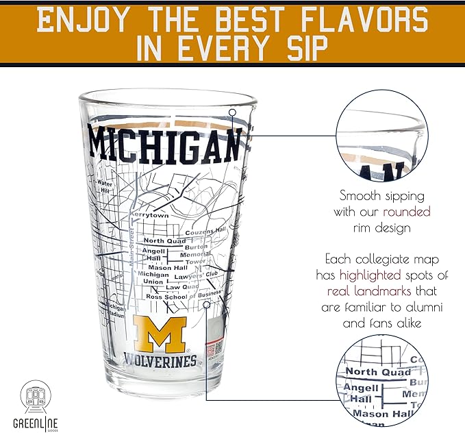 Greenline Goods – University of Michigan Wolverines College Pint Beer Glasses (Set of 2), 16 oz – Full‑Color Logo + Campus Map