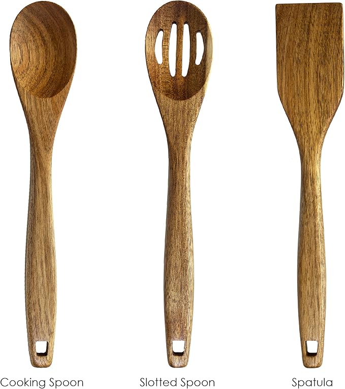 TB Home 3 Piece Acacia Wood Kitchen Utensils Set, Wooden Cooking Utensils Set