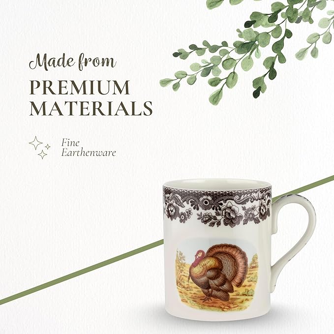 Spode Woodland Turkey 16 oz Mug - Fine Porcelain with Historic Brown Floral Border, Thanksgiving Drinkware for Hot Beverages - Microwave, Oven & Freezer Safe, British Country-Inspired Design