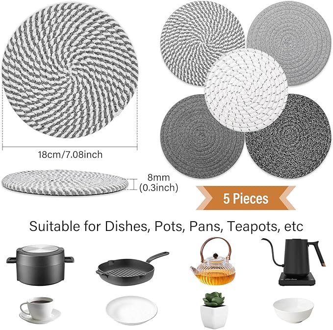 Trivet Mats Set for Hot Dishes, 5 Heat Resistant Pot Holders Kitchen Counter, Table, Home Essentials, Anti Stain Hot Pads Plate Mats for Hot pots and Pans, 7 Inches