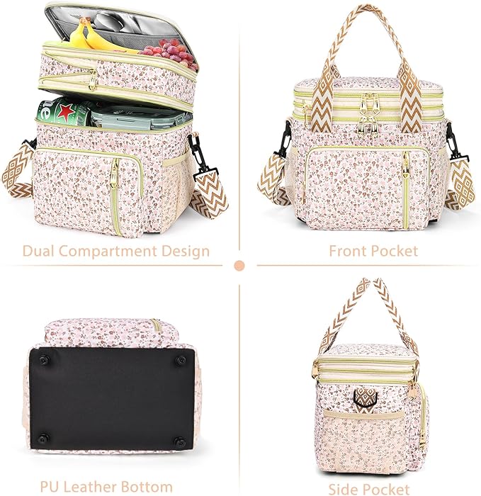 LOKASS Lunch Box for Women-16L-Insulated Lunch Bag Women, Expandable Double-layer Leakproof Cooler Bag with Upgrade Adjustable Shoulder Strap Ideal for Work/Travel/Picnics（White Flower）