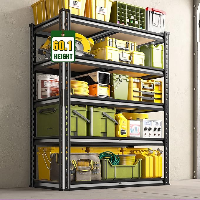 60.1" H Garage Storage Shelves 1990LBS Storage Shelves, 5 Tier Adjustable Metal Shelving, Garage Shelving for Storage, Basement, Warehouse, Pantry, Kitchen, 27.5" W x 11.9" D x 60.1" H, Black, 2 Pack