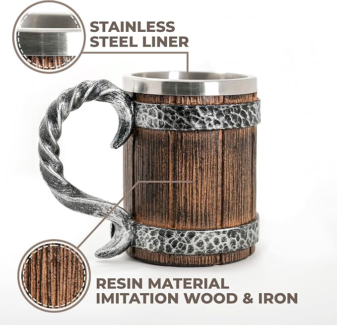 Norse Tradesman Stainless Steel Beer Tankard - 20 oz Tavern Style Mug for Hot or Cold Drinks - Imitation Wood & Iron