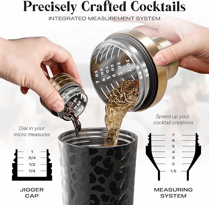 Insulated Cocktail Shaker Set | Double Wall Stainless Steel | Martini Shaker for Home Bar Bartending | Built-in Drink Measurement System & Strainer, Travel Bag, 35 Recipes | Gift Set (Leopard Copper)