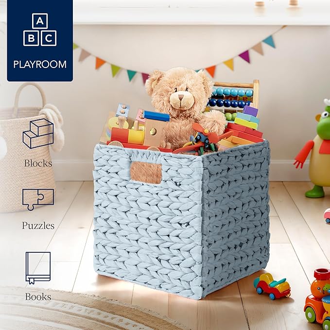 Best Choice Products 10.5x10.5in Pack of 5 Cube Storage Baskets, Water Hyacinth Multipurpose Collapsible Organizers, Handwoven Toy Storage Totes for Kids Room, Nursery & Living Room - Blue