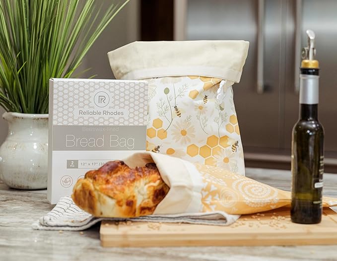 Reusable Beeswax Bread Bag 2 Pack –12x17 Bread Bag for Homemade Sourdough, Beeswax Coated Organic Cotton Storage Bag for Loaf Baguette, Freezer Safe, Eco-Friendly Wrap Honeybee