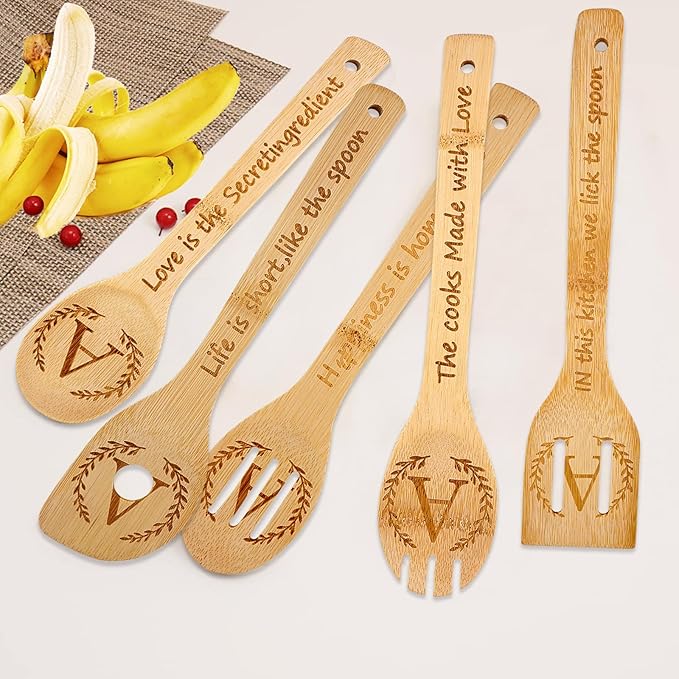 5PCS Initial Wooden Cooking Spoons Initial Gifts Kitchen Decor Personalized Customized Monogrammed Birthday Gifts for Women Mother,New Mom,Teacher,Wife,Daughter,Sister,Housewarming Wedding (Letter A)