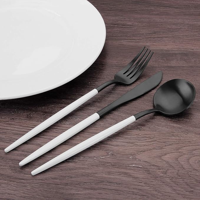 Matte Black Silverware Set with white handle, Bysta 20-Piece Stainless Steel Flatware Set, Kitchen Utensil Set Service for 4, Tableware Cutlery Set for Home and Restaurant, Dishwasher Safe