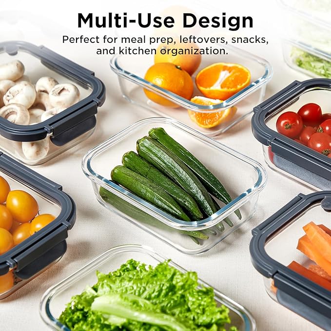 Glass Food Storage Containers with Glass Lids, 4 Pack Meal Prep Container with Airtight Lids, Microwave Safe Food Container Set, BPA Free, LeakProof, Ideal for Lunch