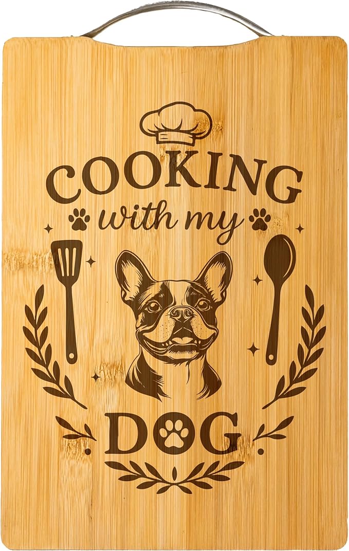 Bamboo Cutting Board, Funny Dog Lover Gift, Handmade Kitchen Decor – Cooking with My Dog (Boston Terrier)