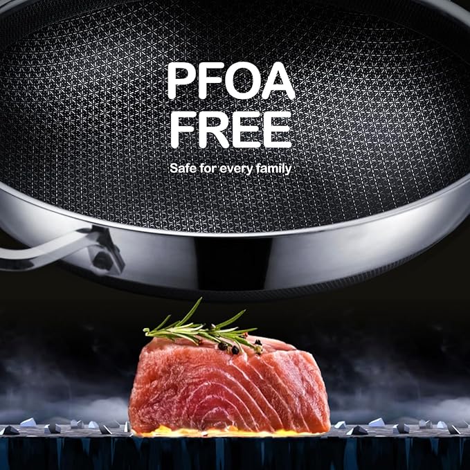 Wok pan,Hybrid 12 inch Wok with Lid, PFOA Free Cookware,non stick Stainless Steel Woks & Stir-fry pans Nonstick, Dishwasher and Oven Safe, Works on Induction