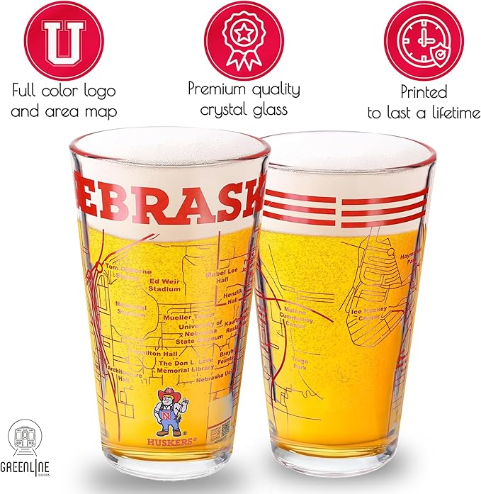 Greenline Goods – University of Nebraska Cornhuskers College Pint Beer Glasses (Set of 2), 16 oz – Full-Color Logo + Campus Map