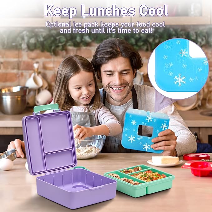 Chill Bento Lunch Box for Kids Adult with Ice Pack,Leak Proof 3 Compartments Lunch Container for Kids,Ice Pack Detachable Bento Box,BPA Free,Dishwasher & Microwave Safe-Purple