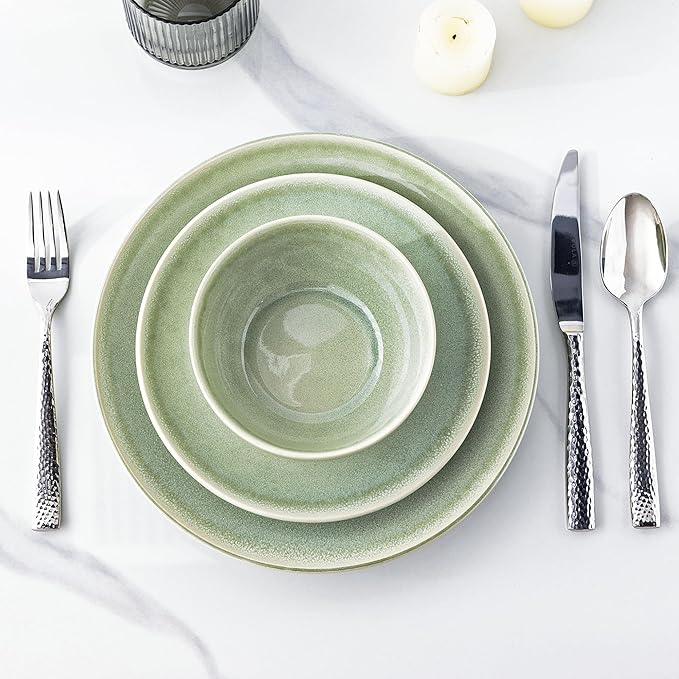 AmorArc Ceramic Dinnerware Sets for 8, 24 Pieces Handpainted Plates and Bowls Set, Scratch Resistant Stoneware Dishes Set, Dishwasher & Microwave Safe, Olive Green