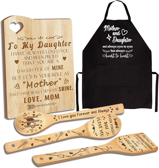 Daughter Gift from Mom, Christmas Kitchen Gifts for Daughter, Birthday Gift Wooden Cutting Board with Cooking Utensils Set with Apron Set, Great Mom Present for Her