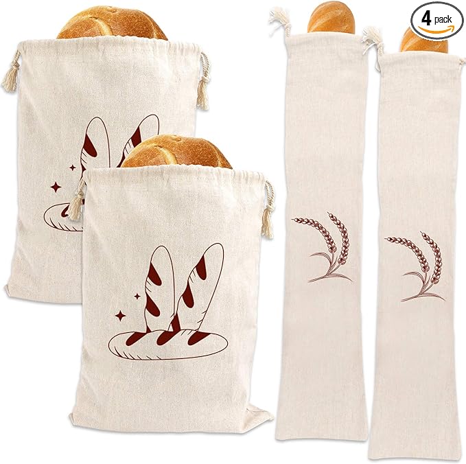 Augshy 4 Packs Linen Bread Bags for Homemade Bread, Unbleached, Reusable Bread Storage Bakery & Baguette