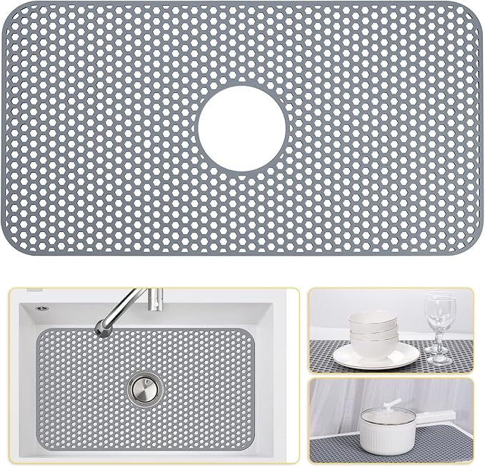 Silicone Sink Mat, 26'' x 14'' Protectors for Kitchen Sink with Center Drain, Kitchen Protector Accessory, Non-Slip Grid Mat for Bottom of Farmhouse Porcelain Stainless Steel(Center Hole)