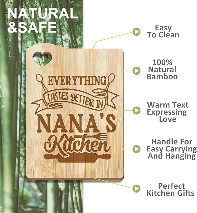 Mothers Day Nana Gifts, Gifts for Nana from Grandkids Wooden Cutting Board with Cooking Utensils Set with Apron, Kitchen Present for Women Who is Cooking Lover