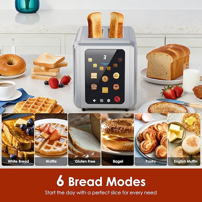 WHALL Full Touch Screen Toaster 2 Slice, 1.5'' Wide Slot Stainless Steel Toaster with Digital Timer, 6 Bread Types & 6 Shade Settings, Crumb Tray, Reheat/Defrost, Smart Toasters for Breads, Bagels
