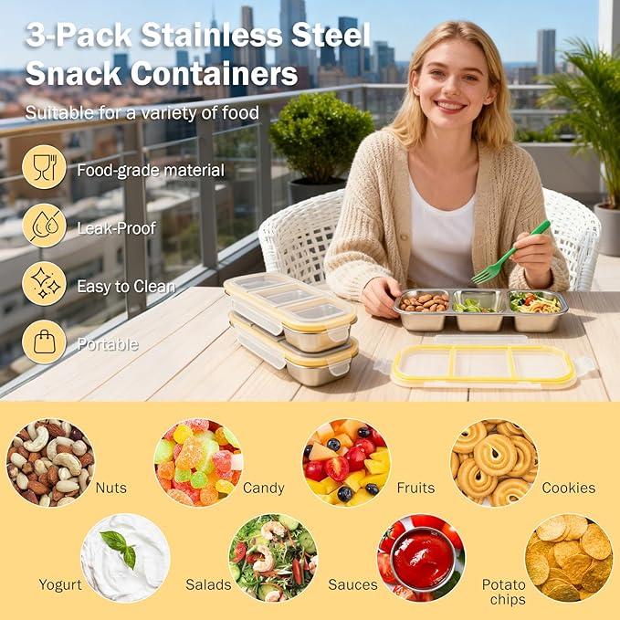 3 Pack Stainless Steel Snack Containers with Lids, Reusable Metal Food Storage Containers, 3 Compartment Leakproof Snack Box, Portable Bento Lunch Snack Boxes for Home, Travel, Outdoor and Camping