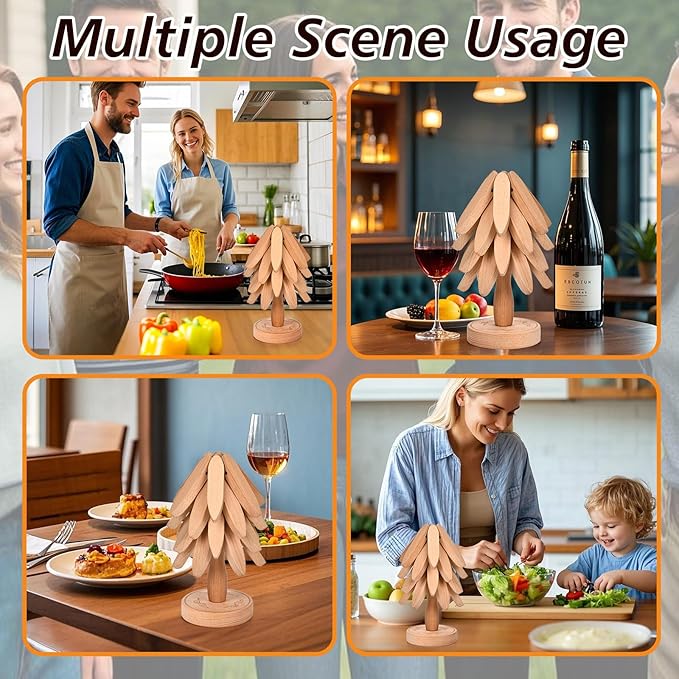 Trivets for Hot Dishes，Tree Shape Trivet Set,5 Wooden Trivets + 1 Stand， Heat-Resistant Foldable Wooden Tree Trivet Set for Pot、Bowl、Teapot、Hot Pot Holder