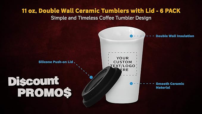 Personalized 11 oz. Double Wall Ceramic Tumblers with Lid - 6 Pack - Custom Text, Logo - Black