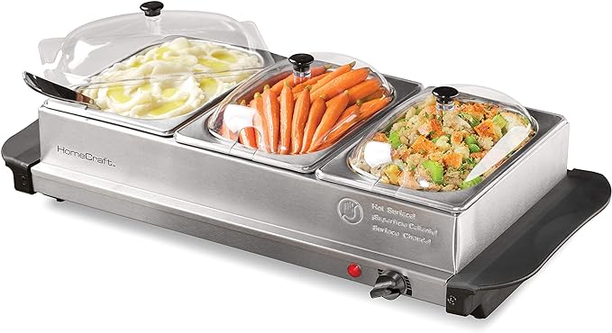 HomeCraft HCBS15SS 3-Station 1.5-Quart Stainless Steel Buffet Server Slow Cooker & Warming Tray, Adjustable Temperature, Perfect for Dinner, Appetizers